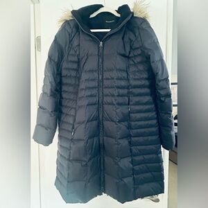 Talbots Navy Down Puffer Long Women’s Coat with Faux Fur Hood L Down lining